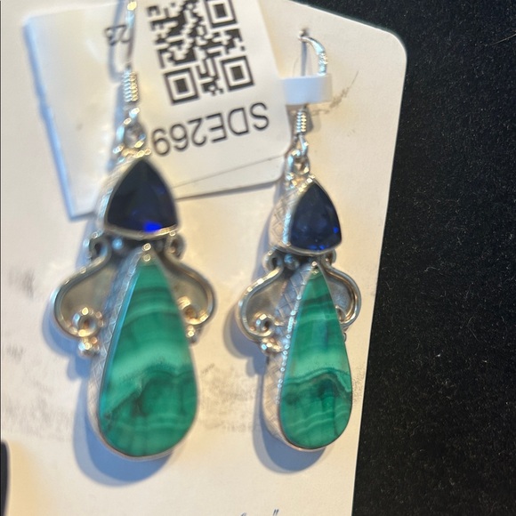 Malachite and Blue Sapphire Earrings - Picture 3 of 4